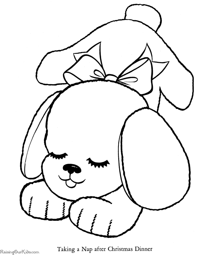 Cute puppy taking a nap after Christmas dinner - Free Christmas coloring pages for kids