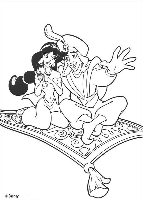 Aladin zum Ausmalen - Jasmine fliegt mit Aladdin zum Ausmalen