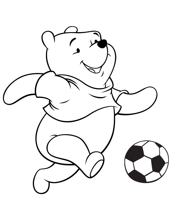 Winnie The Pooh Bear Kicking Soccer Ball Coloring Page | HM 