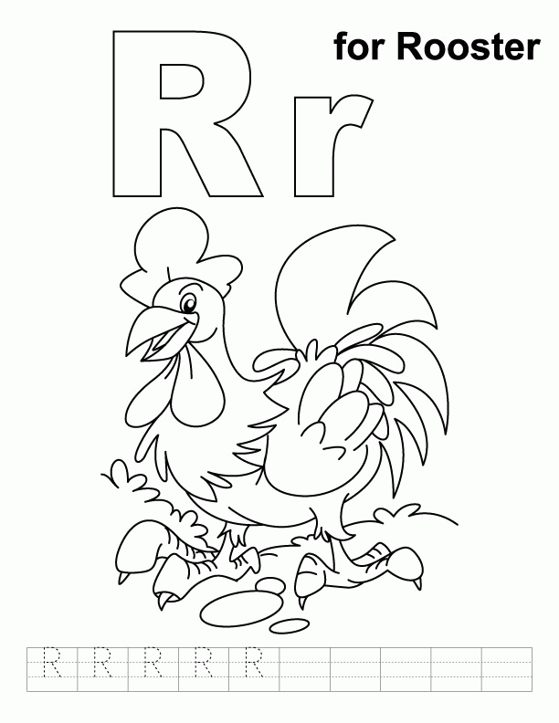 Download R for rooster coloring page with handwriting practice
