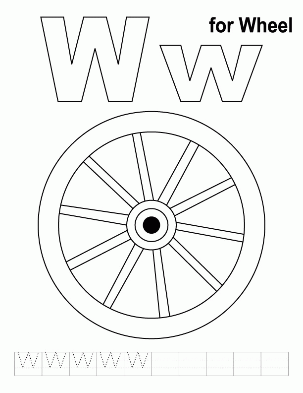 W for wheel coloring page with handwriting practice | Download 