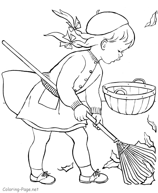 Fall Coloring Book Page - Little girl raking