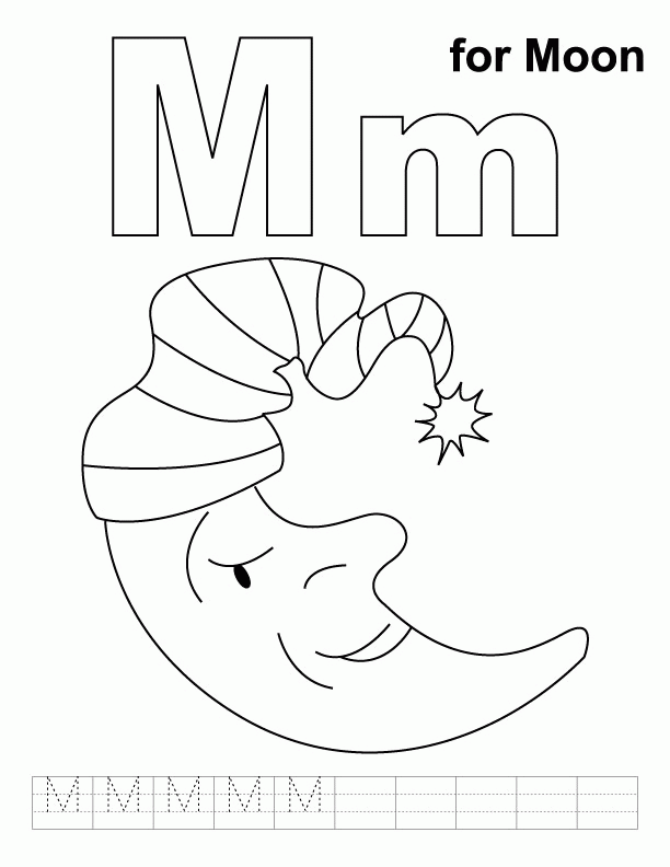 M for moon coloring page with handwriting practice | Download Free 