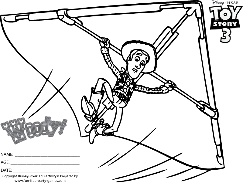 Toy Story Coloring Pages Free: Woody Flies a Hang Glider