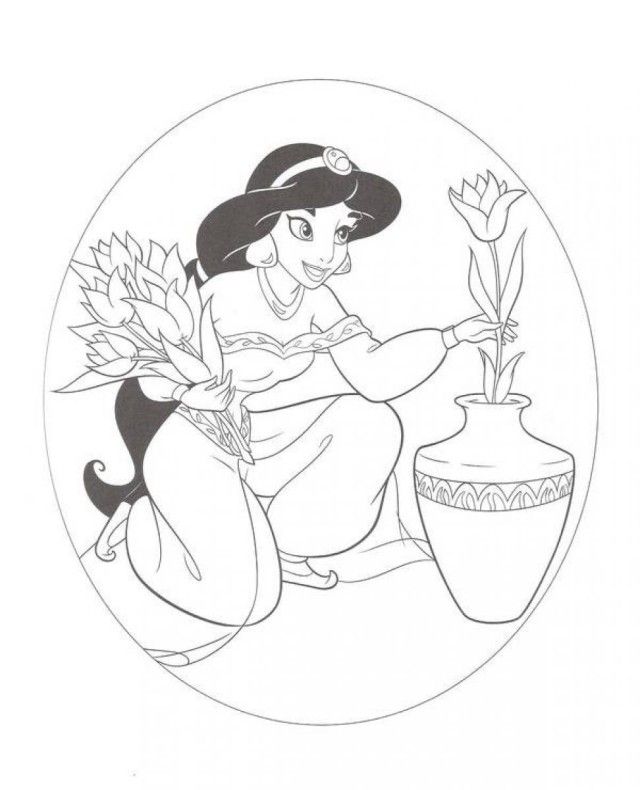 Printing Princess Jasmine Planting Flowers Disney Coloring Page 
