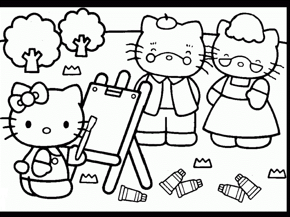 Hello Kitty Painting Her Parents Coloring Page | Kids Coloring Page