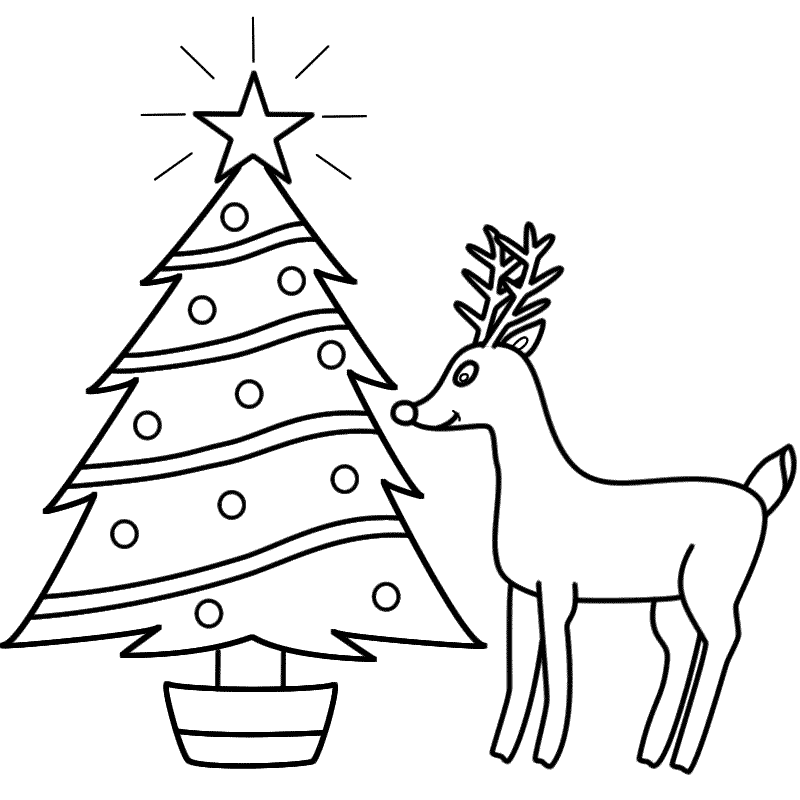 Christmas Tree with Rudolph - Coloring Page (