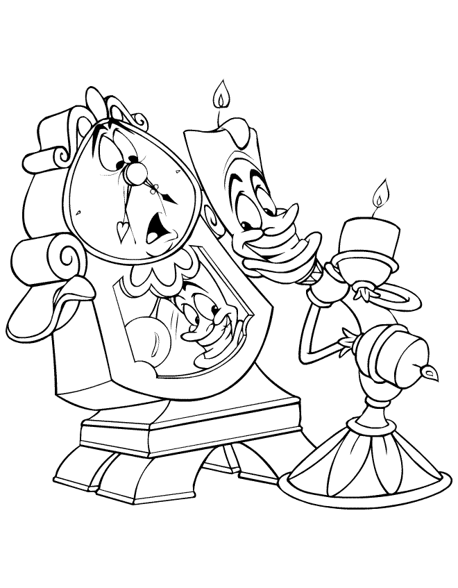 Drawing clock and candlestick beauty and the beast coloring 
