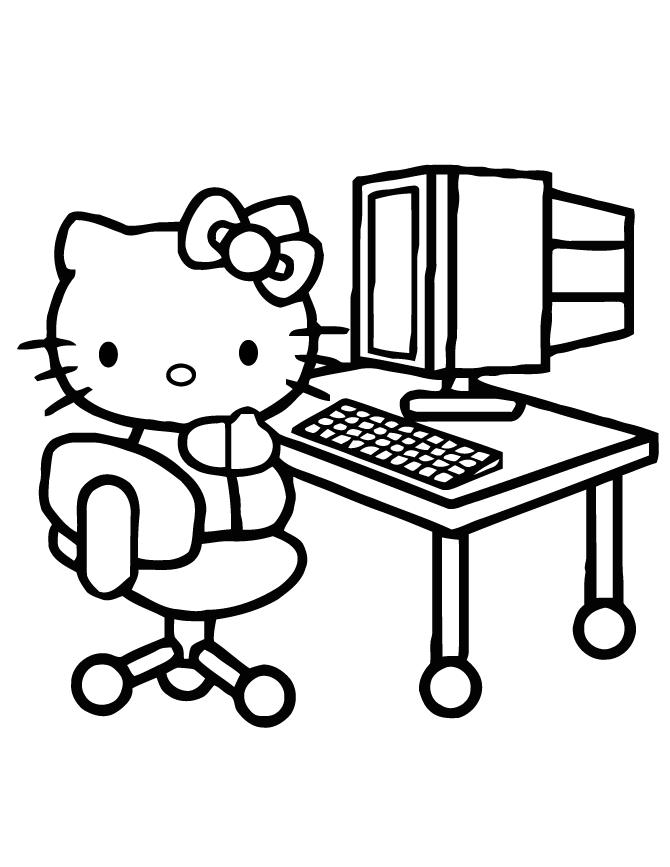 Hello Kitty In Front Of Computer Coloring Page | HM Coloring Pages