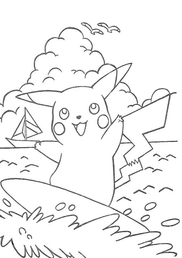 Print Pikachu Surfing Pokemon Coloring Page or Download Pikachu 