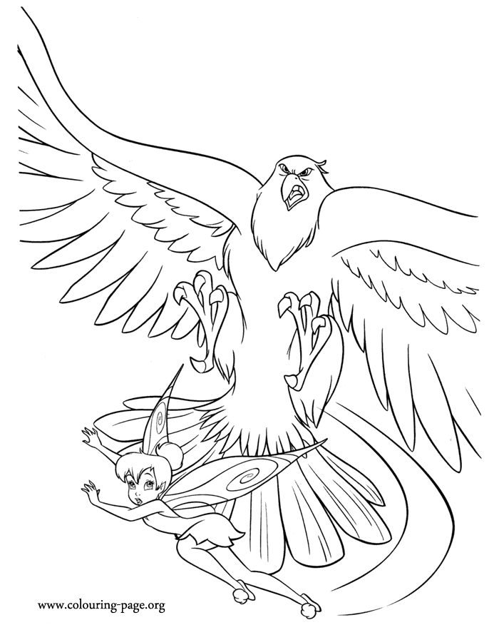Tinker Bell - Tinker Bell being attacked by a Hawk coloring page