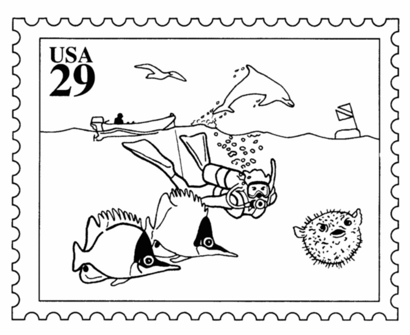 BlueBonkers: USPS Sports Stamp Coloring Pages - Scuba Diving 
