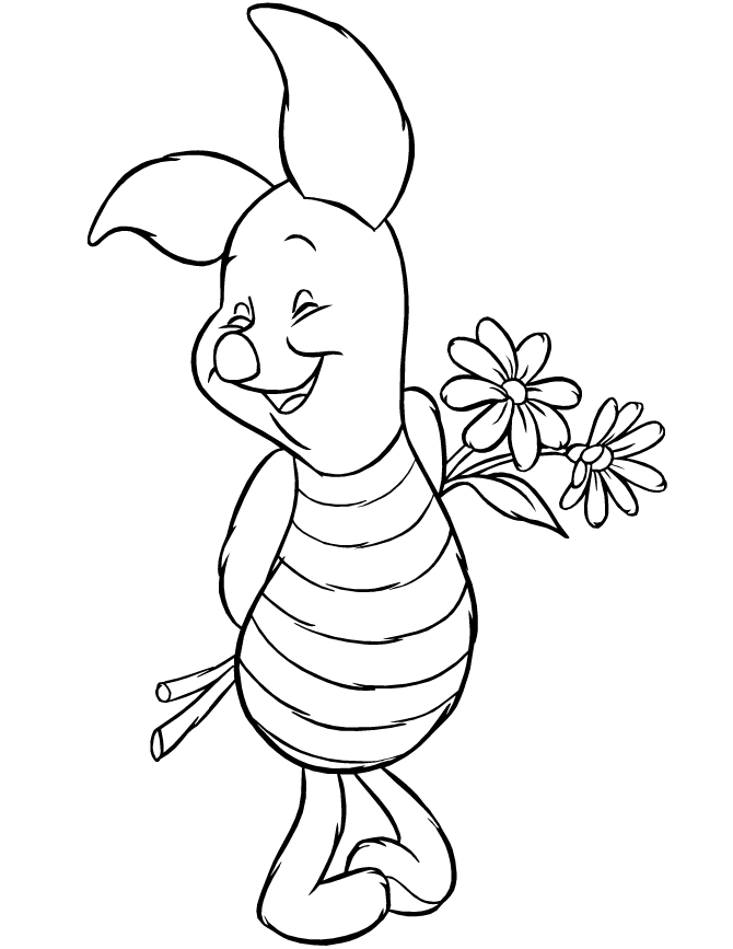 Piglet Holding Flowers And Laughing Coloring Page | HM Coloring Pages