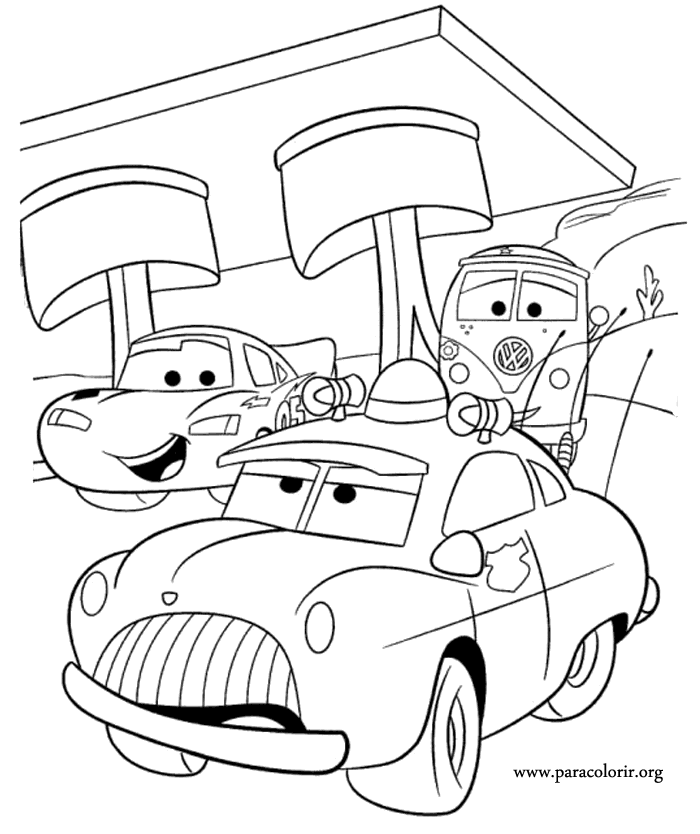Cars Movie - Lightning McQueen, Sheriff and Fillmore coloring page