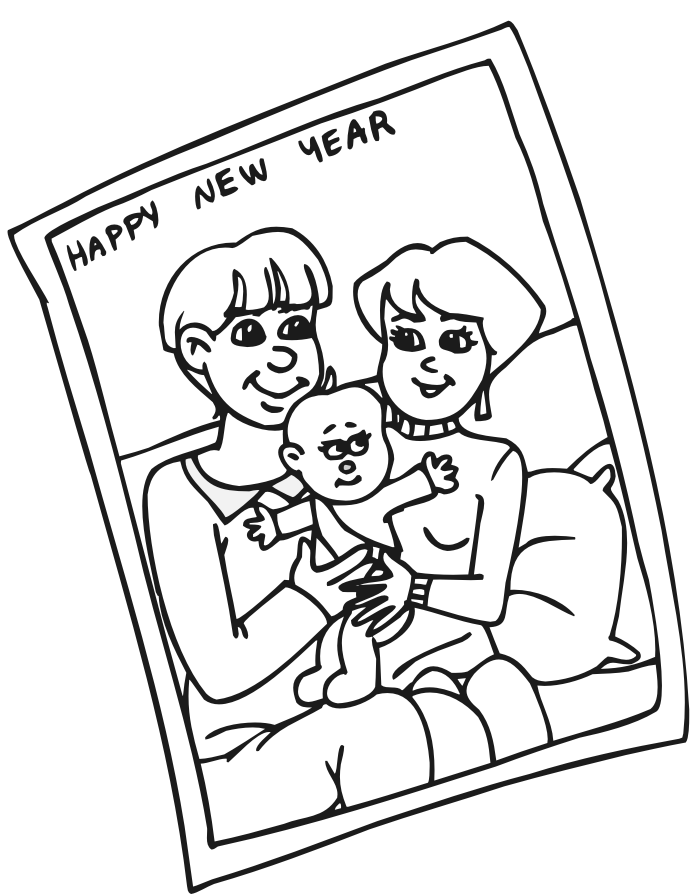 Printable New Years Coloring Page: a family card