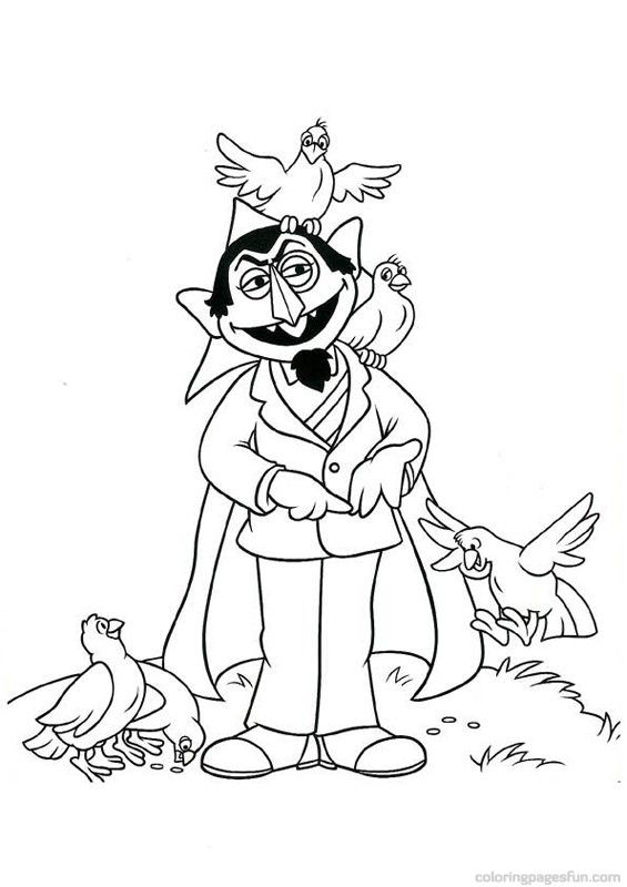 Count von Count sesame street and birds coloring page