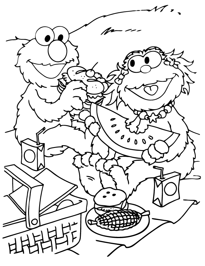 Zoe And Elmo Spring Picnic Coloring Page | Free Printable Coloring 