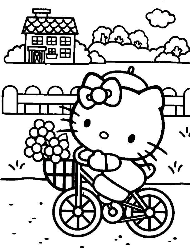 Hello Kitty ride a bike coloring page to print and free download