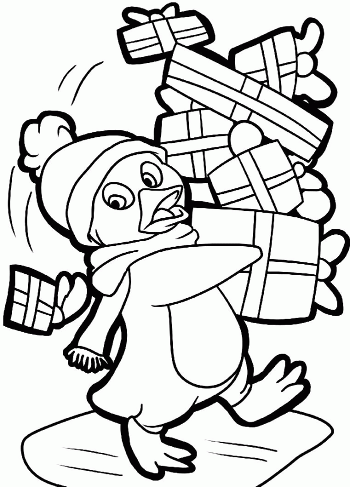 Penguin With Christmas Gifts Coloring Pages - Christmas Coloring 