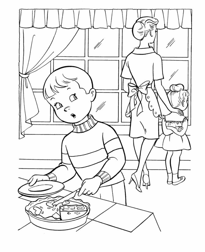 Thanksgiving Dinner Coloring Page Sheets - Boy sneaking some pie 