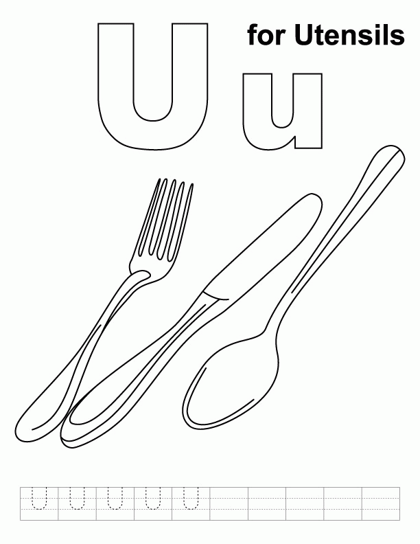 U for utensils coloring page with handwriting practice | Download 