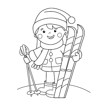 Coloring Page Outline Of Cartoon Girl With Skis Winter Sports Coloring Book  For Kids Stock Illustration - Download Image Now - iStock