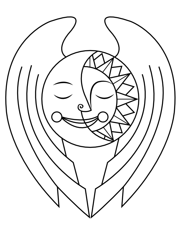Printable Celestial Sun and Moon With Wings Coloring Page