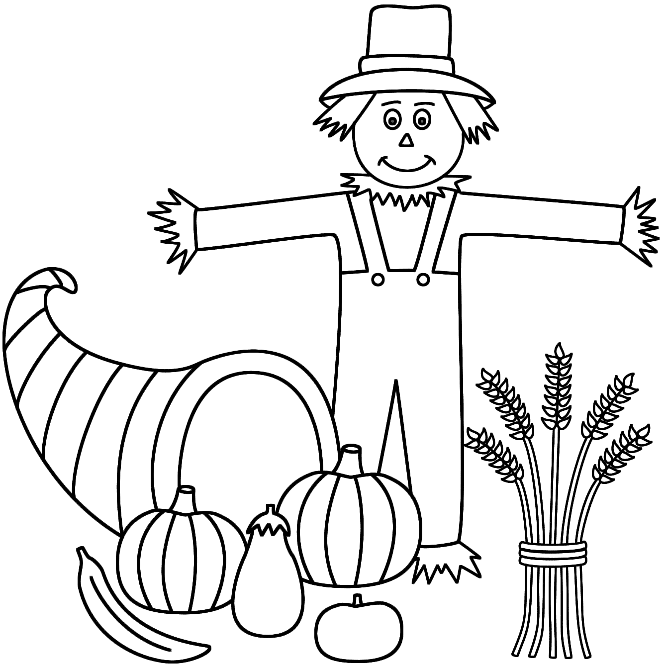 Horn of Plenty with a scarecrow - Coloring Page (Thanksgiving)