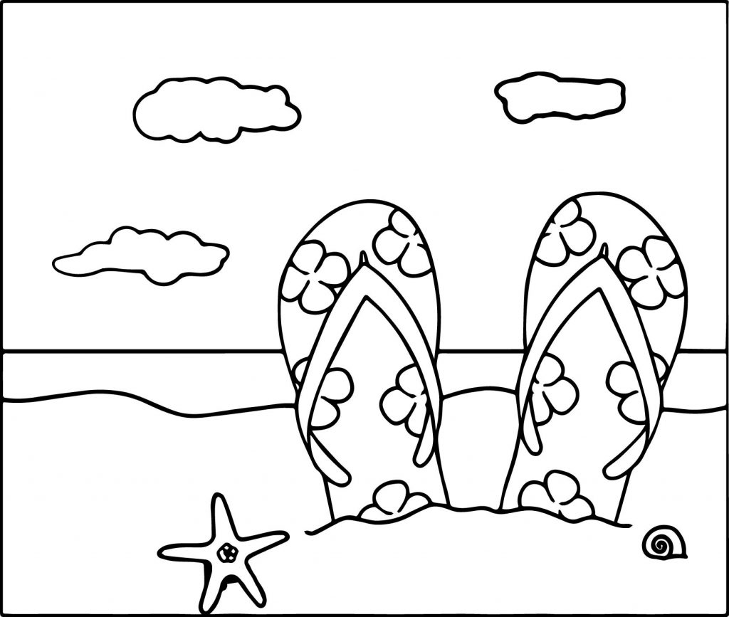 Printable Sandals on the Beach coloring page for both aldults and kids.