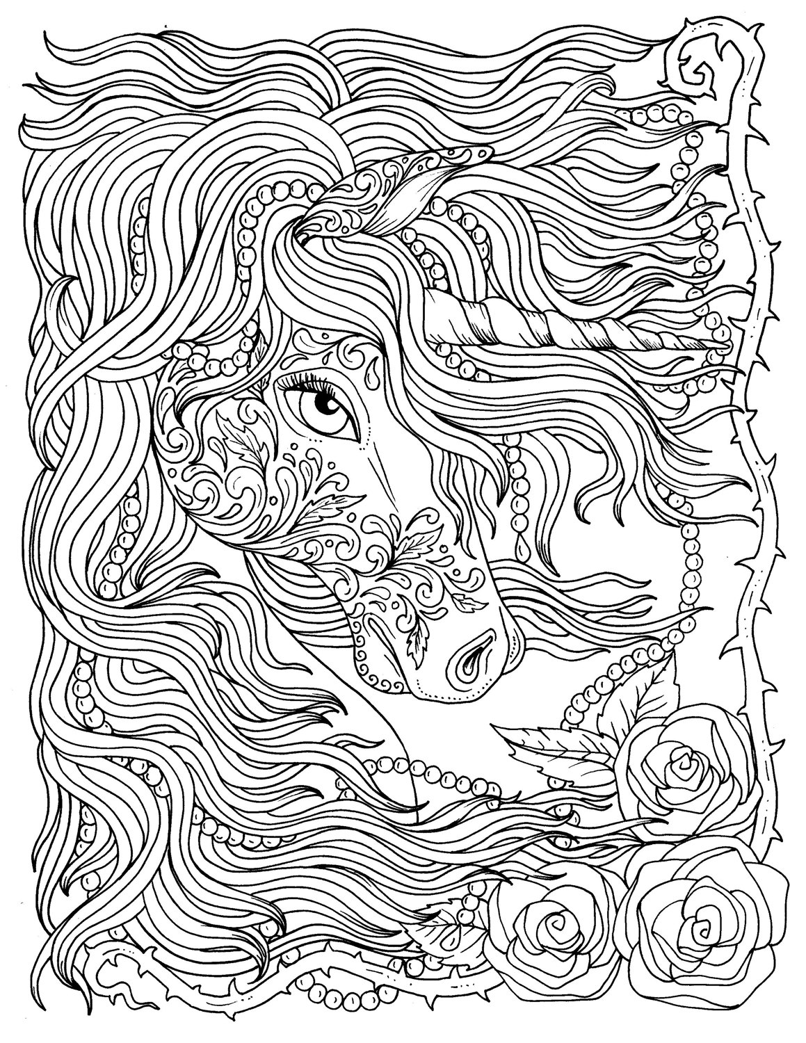 Unicorn and Pearls Fantasy Coloring Page Adult Coloring | Etsy