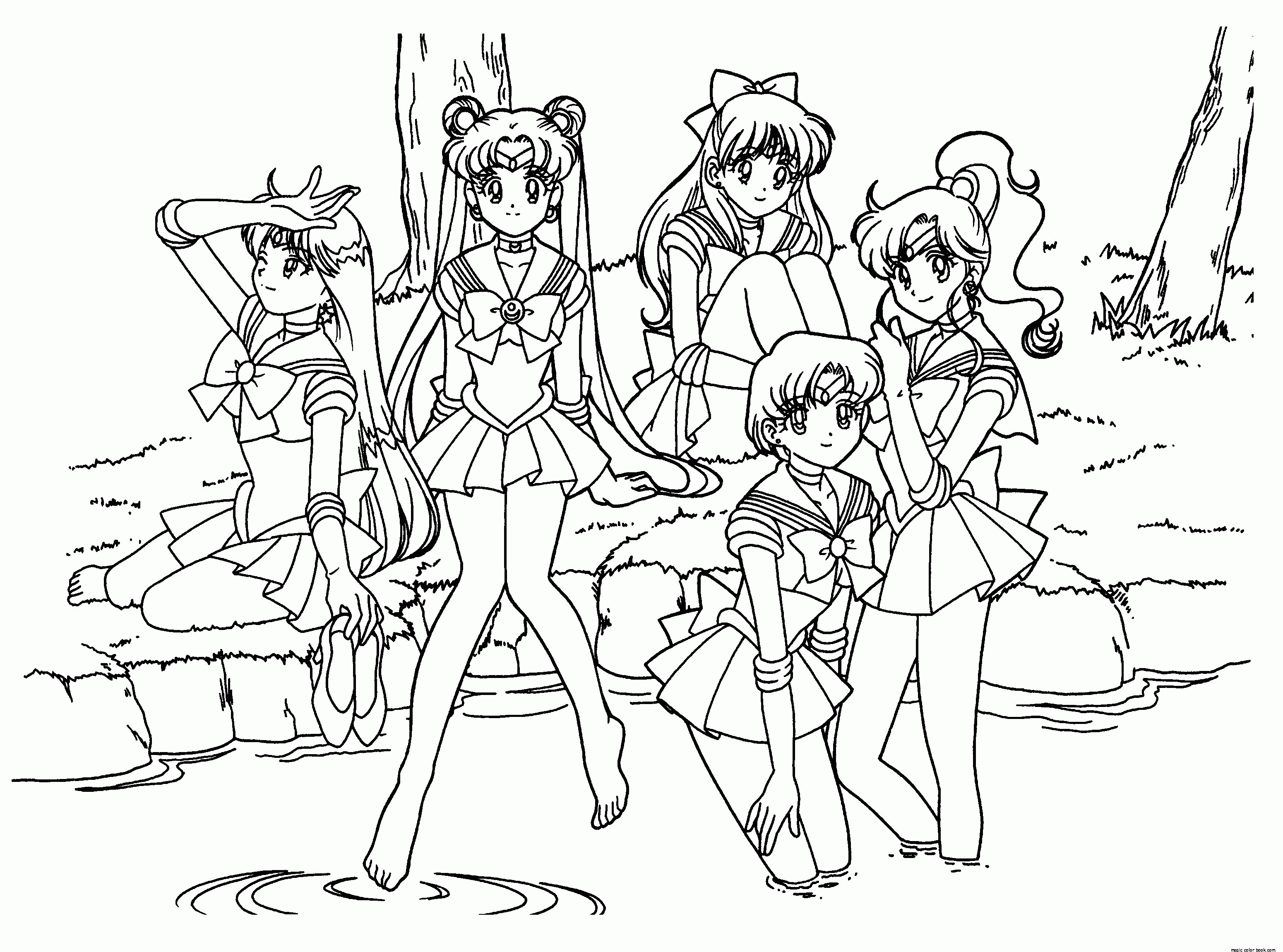 Anime Girls Group Coloring Page - Coloring Home
