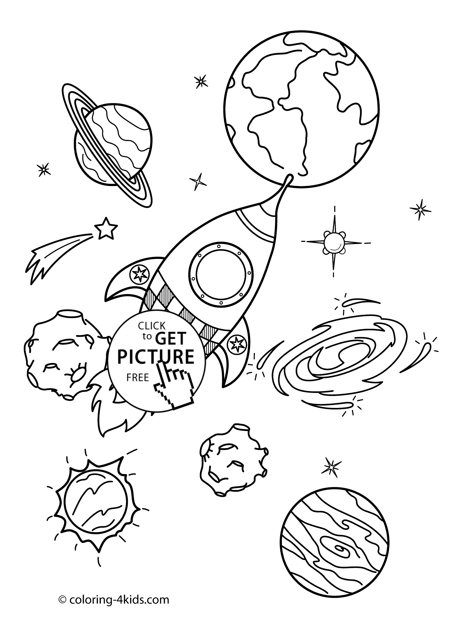 Space coloring pages for kids with rocket, printable free |  coloing-4kids.com