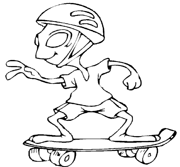 Skateboarding coloring book page: Alien skateboarding coloring page.  Skateboards, skateboard tricks, skateboard wheels, skateboard equipment,  skateboard clothing, skateboarding apparel
