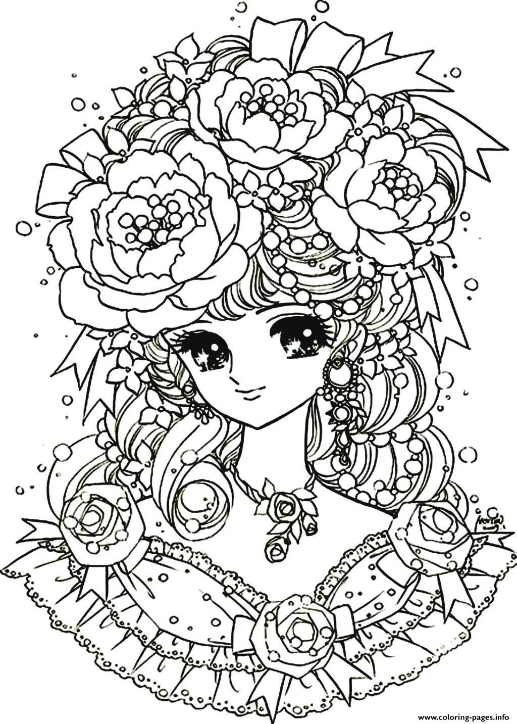 Print adult back to childhood manga girl flowers Coloring pages