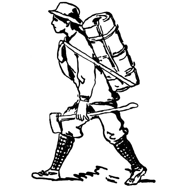 Marching to Camping with Backpack and Axe Coloring Pages - NetArt