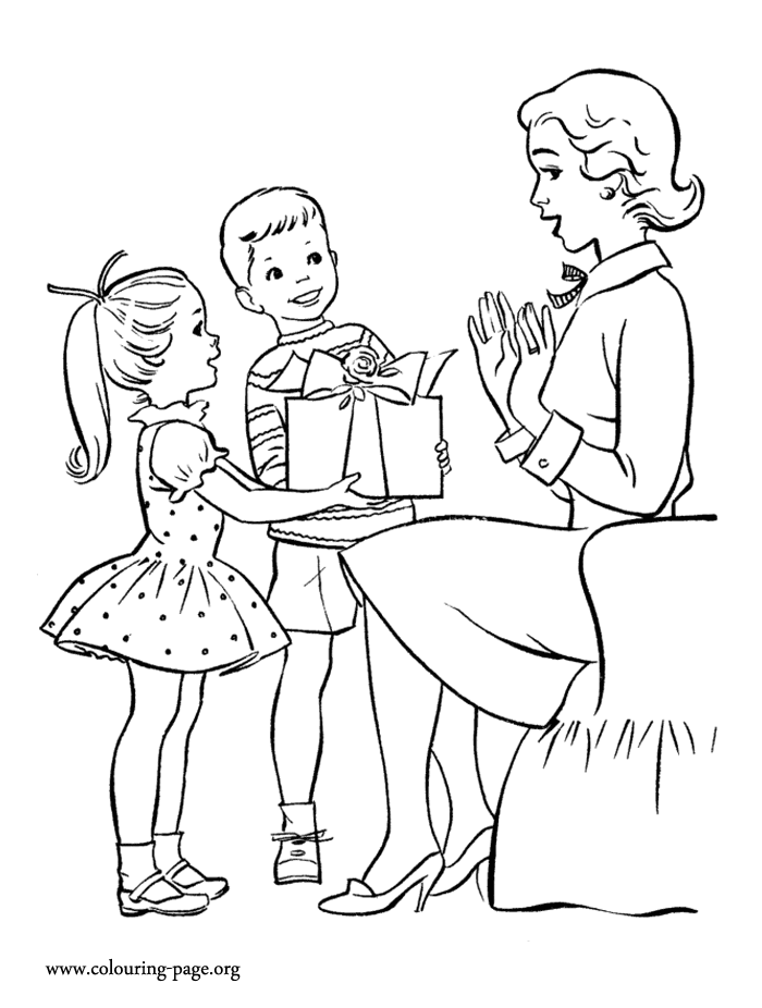 Mother's Day - Kids giving gifts to Mom coloring page