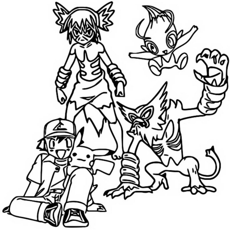 Coloring page Pokémon the Movie - Secrets of the Jungle : Ash Ketchum,  Pikachu, Koko, Celebi, Zarude 3