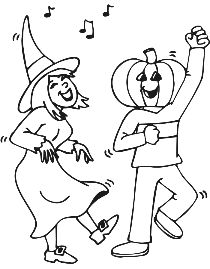 Halloween Coloring Page | Witch and Pumpkinhead costume