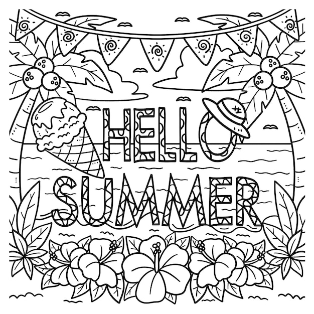 Premium Vector | Hello summer coloring page for kids