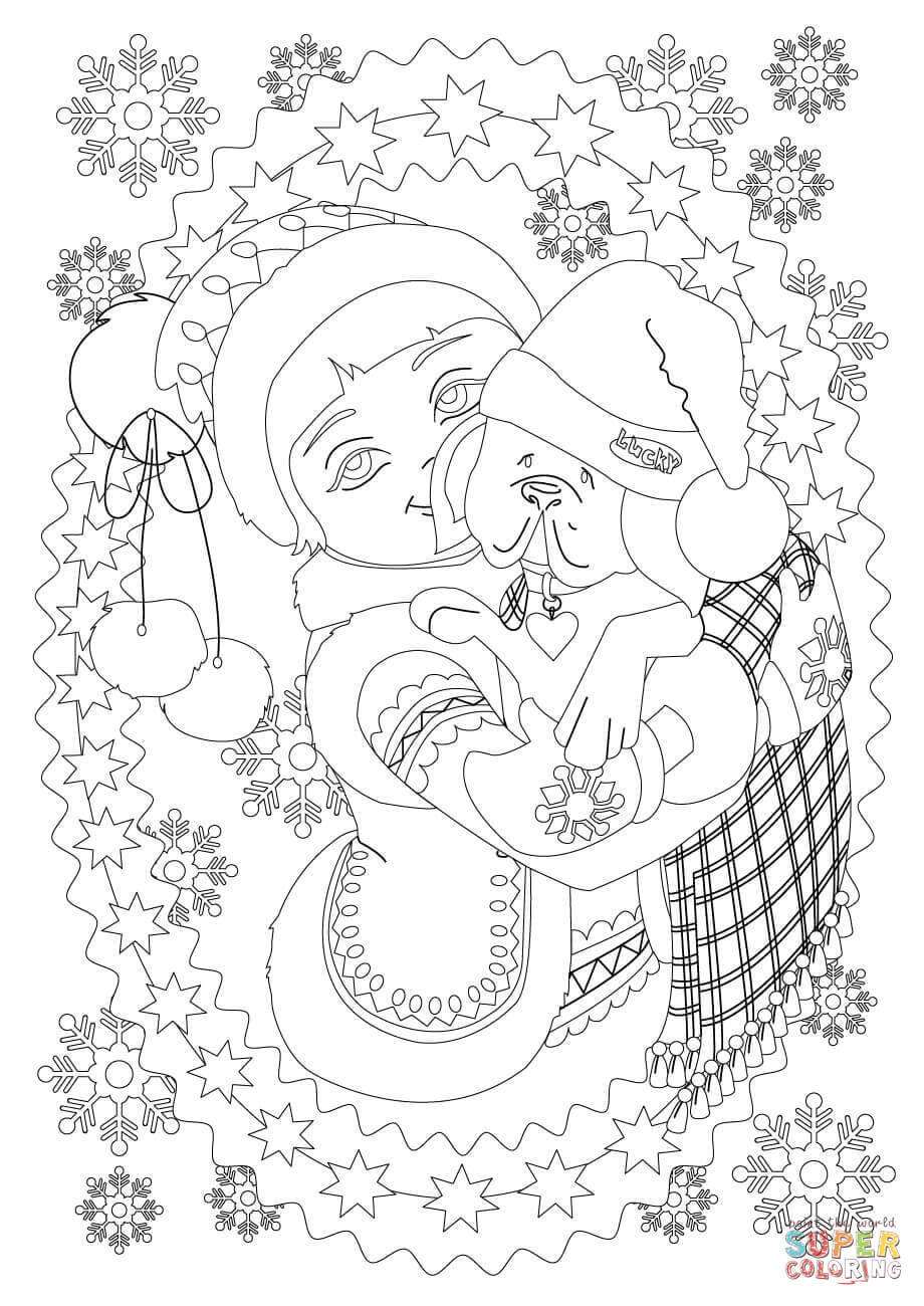 A Little Girl Hugs Her Puppy Dog While It is Snowing coloring page | Free  Printable Coloring Pages