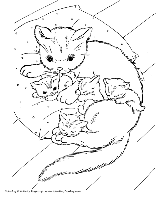 Cat Coloring Pages | Printable Cat and Kittens on Pillow Cat 