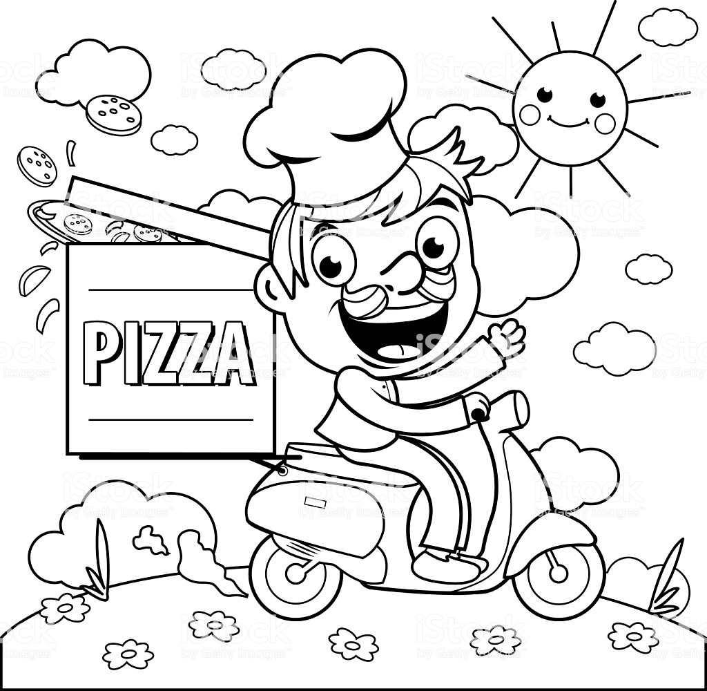Pizza Delivery Chef In Scooter Coloring Page Stock ...