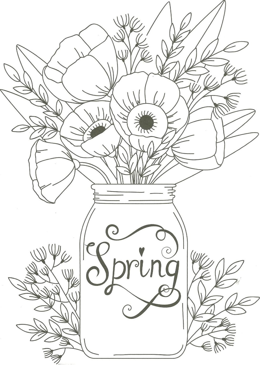 Spring Mason Jar Floral Coloring Page With Free Pages Flowers ...
