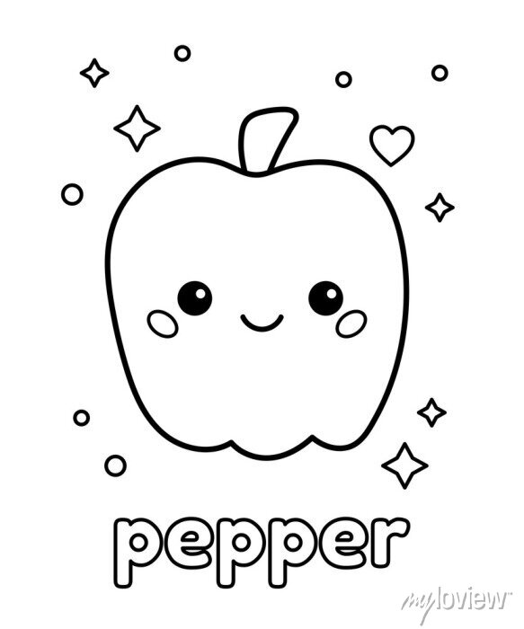 Cute kawaii pepper with face. coloring page for preschool kids. • wall  stickers illustration, vector, vegetarian | myloview.com