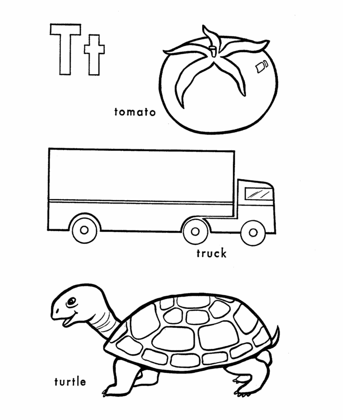 ABC Alphabet Coloring Sheets - T is for Tomato / Truck / Turtle 