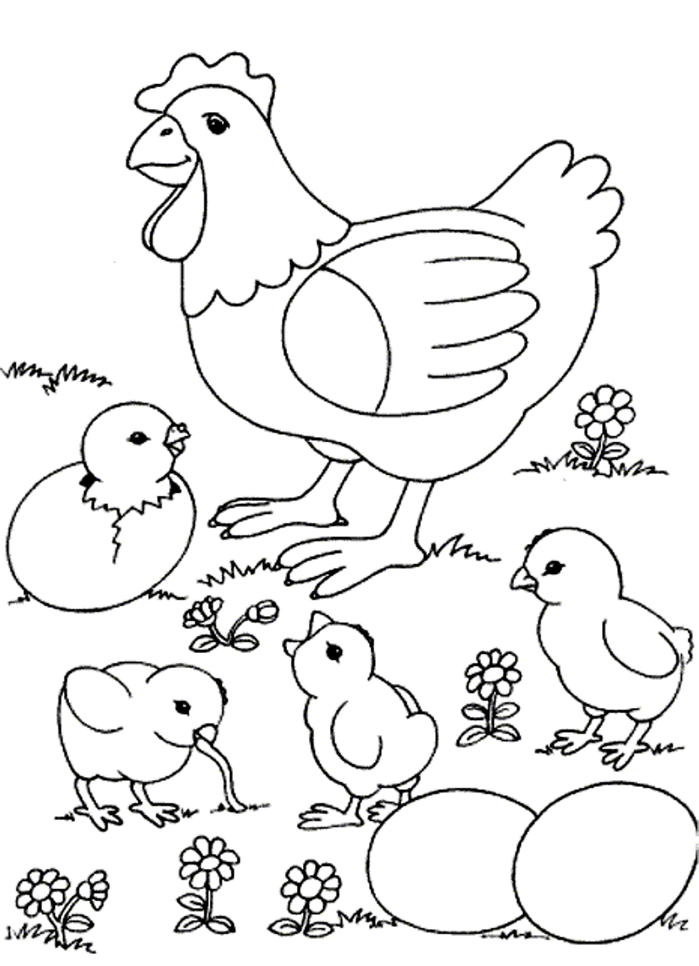 Little Chick And Hen Farm Animal Coloring Pages Free | Animal ...