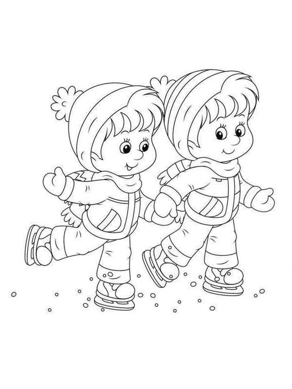 Two kids ice skating coloring page