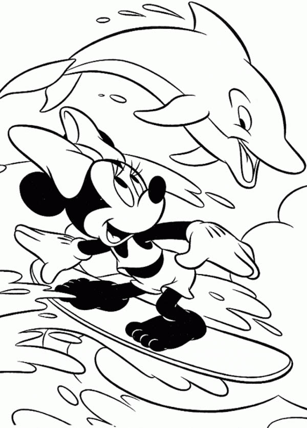 How to Color Minnie Surfing On A Wave With A Dolphin Coloring Page : TOODSY  COLOR
