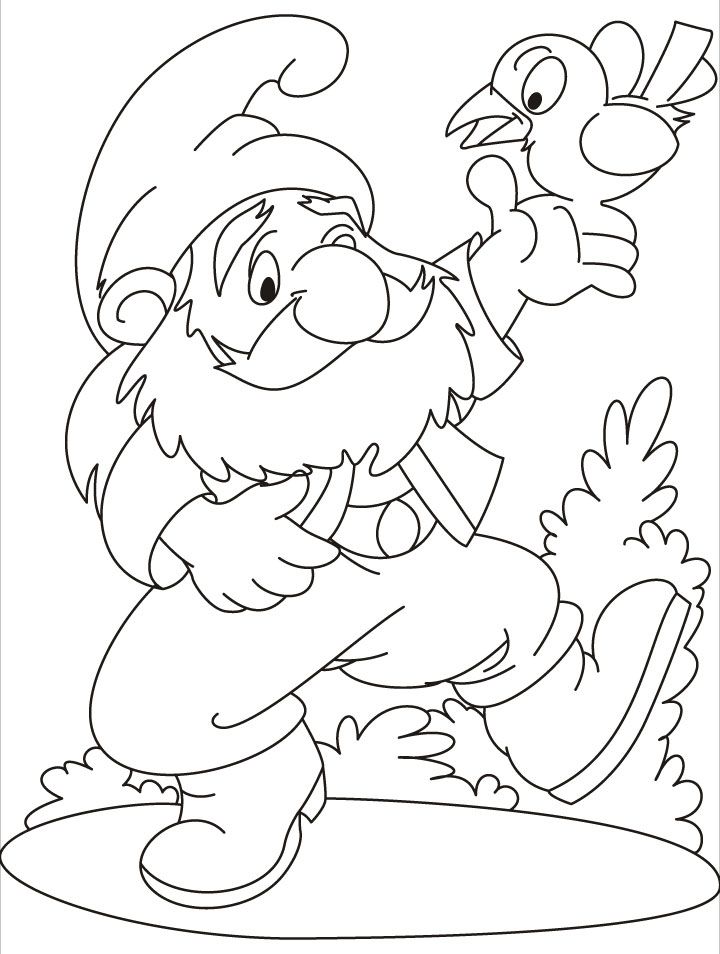 What a game a gnome and a bird on his hand coloring pages 