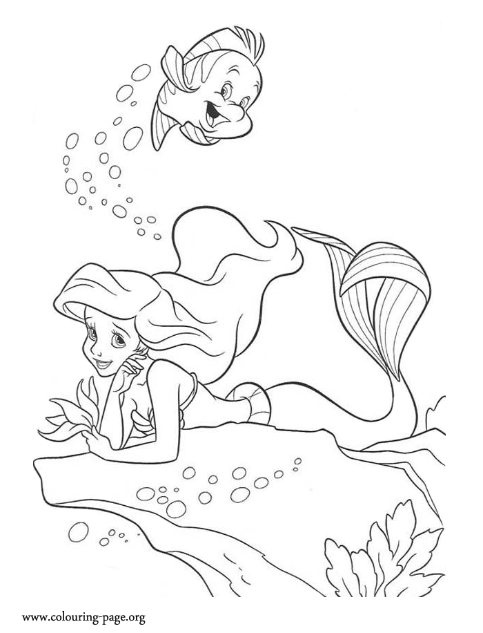 The Little Mermaid - Ariel and Flounder under the sea coloring page